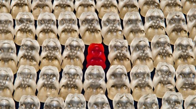 Image shows clear jelly sweets laid out in rows, with 1 red sweet in the middle - targeting your customer with customer personas or avatars